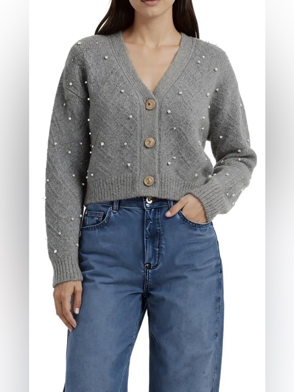 LUSH Pearl Embellished Cardigan Sweater, Gray, Size XS, NWT